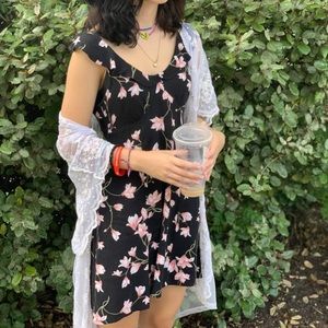 Size-small aeropostal dress black with pink and green flowers lightly used short